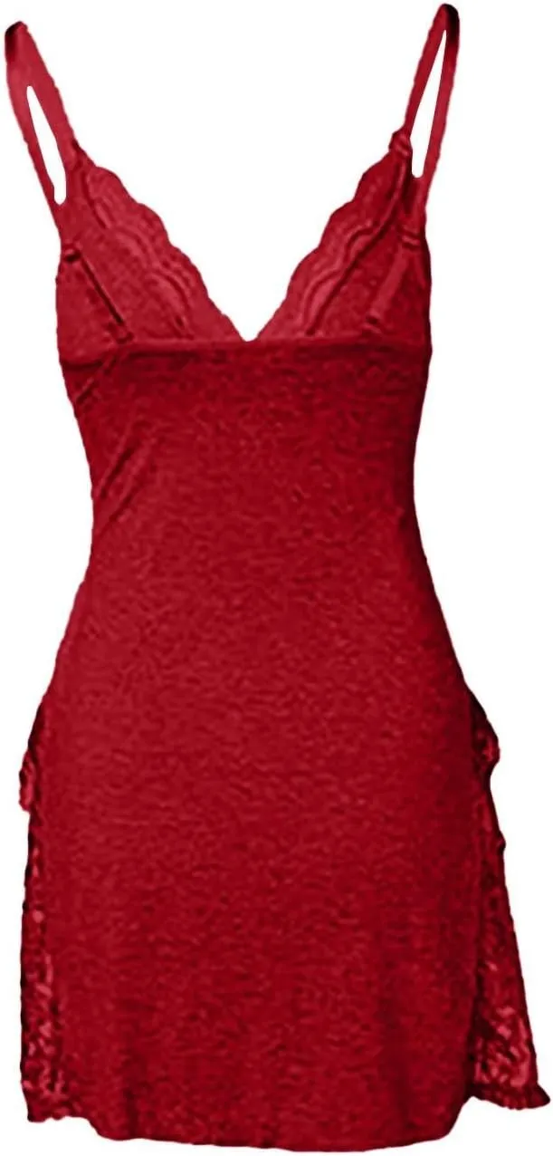 Sexy Night Gowns Women Chic-Me Lace Trim Slit Nightgown Lace Trim Side Sleep Dress Slit Bowknot Decor Sleep Cami Spaghetti