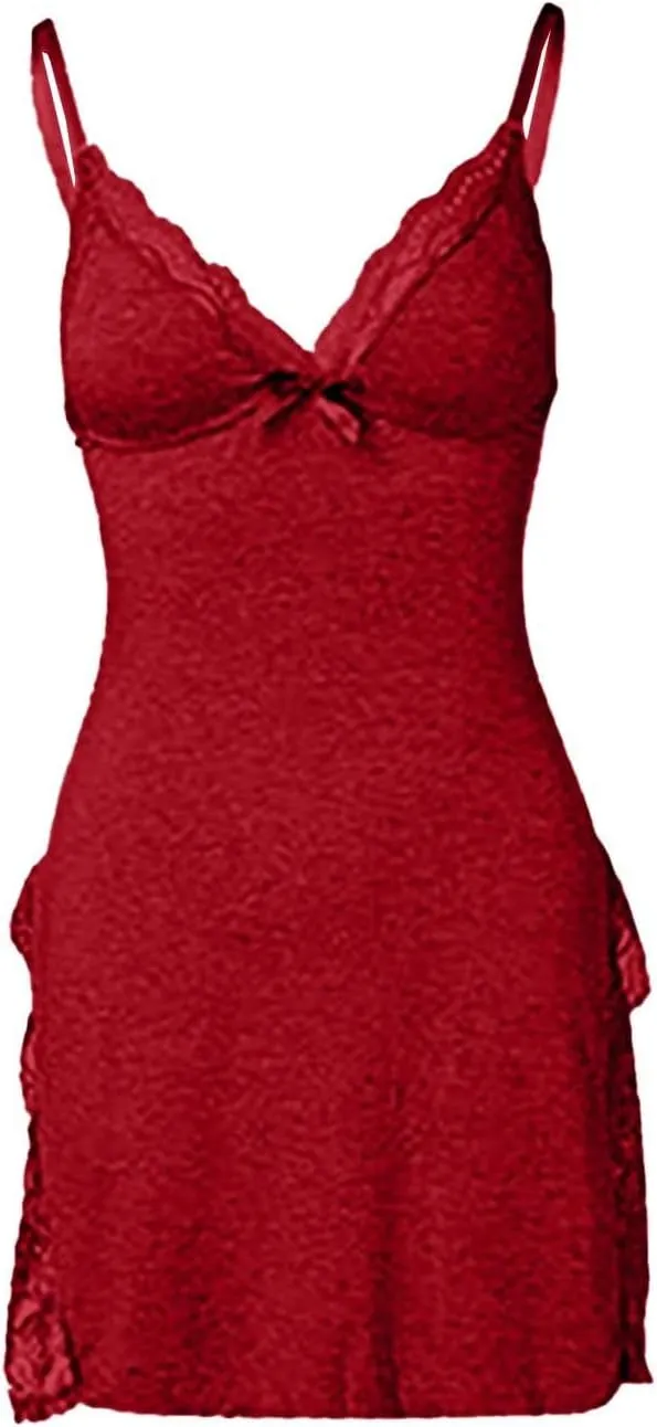 Sexy Night Gowns Women Chic-Me Lace Trim Slit Nightgown Lace Trim Side Sleep Dress Slit Bowknot Decor Sleep Cami Spaghetti
