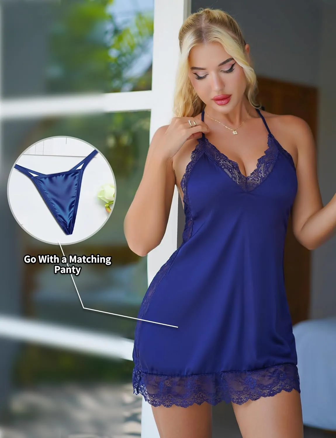 Sexy Satin Nightgowns for Women Lace Babydoll Slip Sleep Dress with A Matching Panty