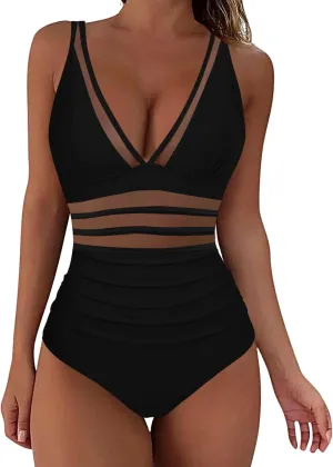 Sexy Swimsuits for Women One Piece Bathing Suit Mesh Swimwear Deep V Push Up Simming Suit Tummy Control Monokini