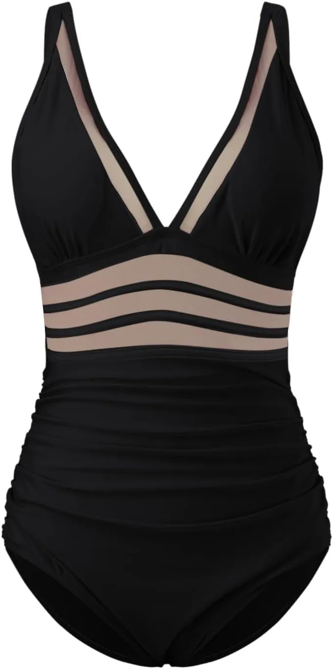 Sexy Swimsuits for Women One Piece Bathing Suit Mesh Swimwear Deep V Push Up Simming Suit Tummy Control Monokini