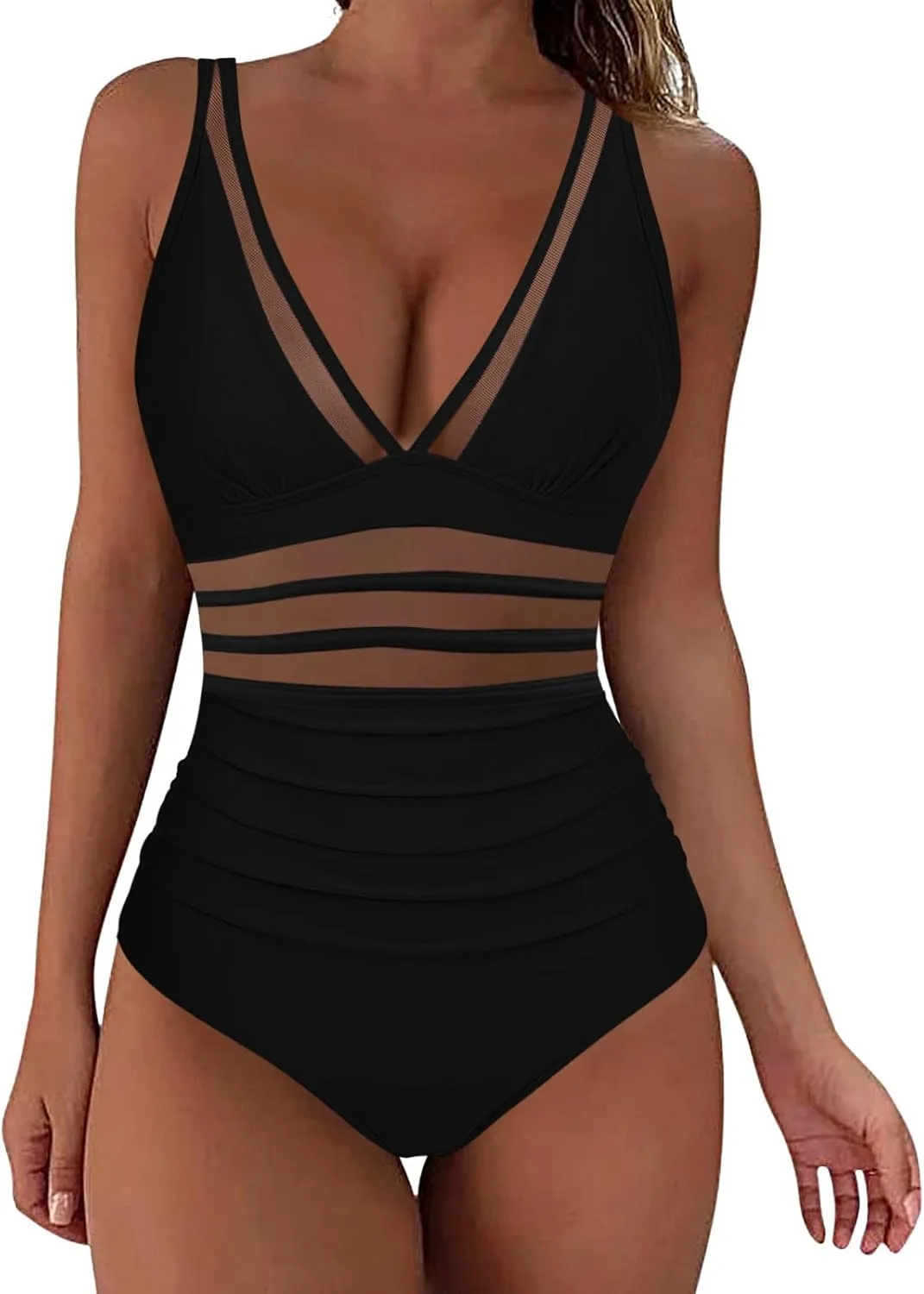 Sexy Swimsuits for Women One Piece Bathing Suit Mesh Swimwear Deep V Push Up Simming Suit Tummy Control Monokini