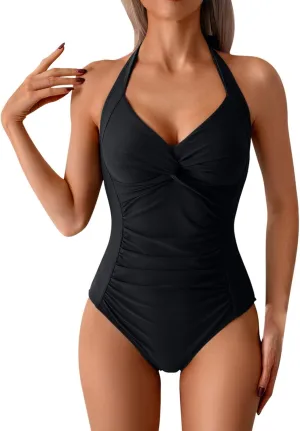 Sexy Twist Knot Halter V Neck Swimsuits Women One Piece Shirred Tummy Control Bathing Suits Beach High Cut Swim Wear