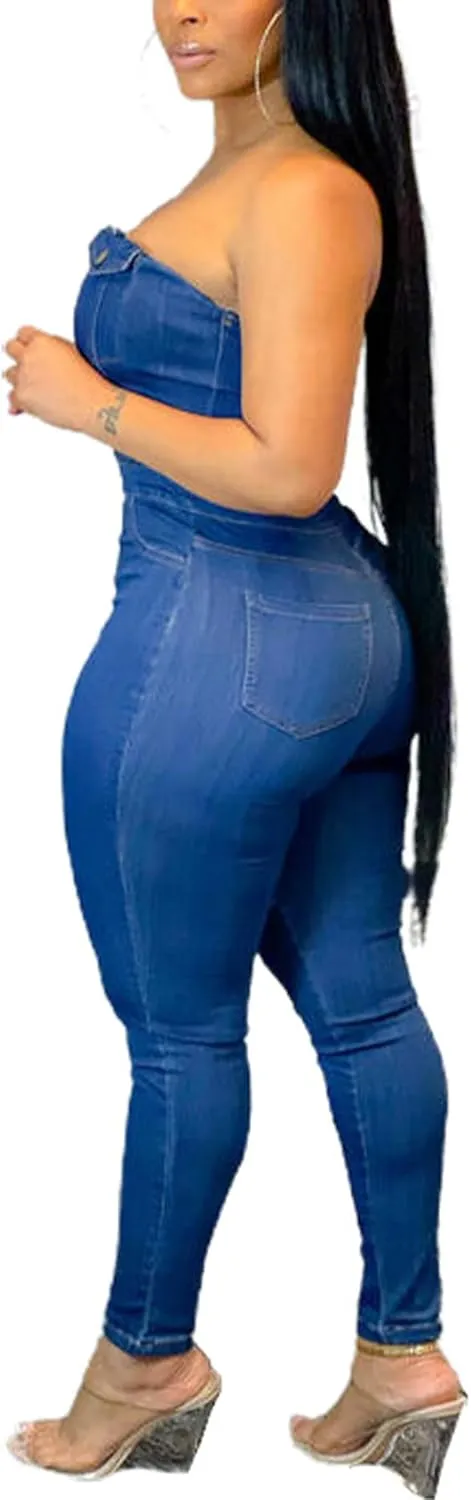 Sexyshine Women's Sexy Button Down Slim Fit Denim Jumpsuit Strapless Tube Top Sleeveless Full Length Jeans Rompers Overalls