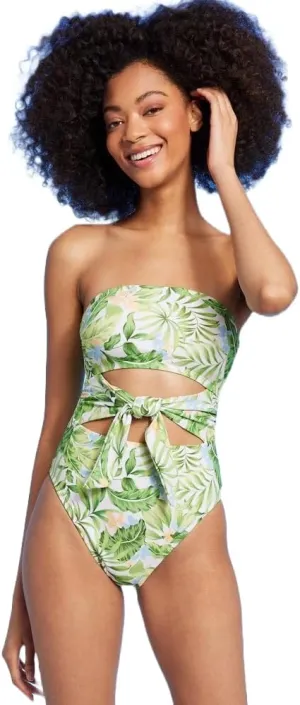 Shade & Shore Women's Bandeau Tie-Front Cut Out One Piece Swimsuit -