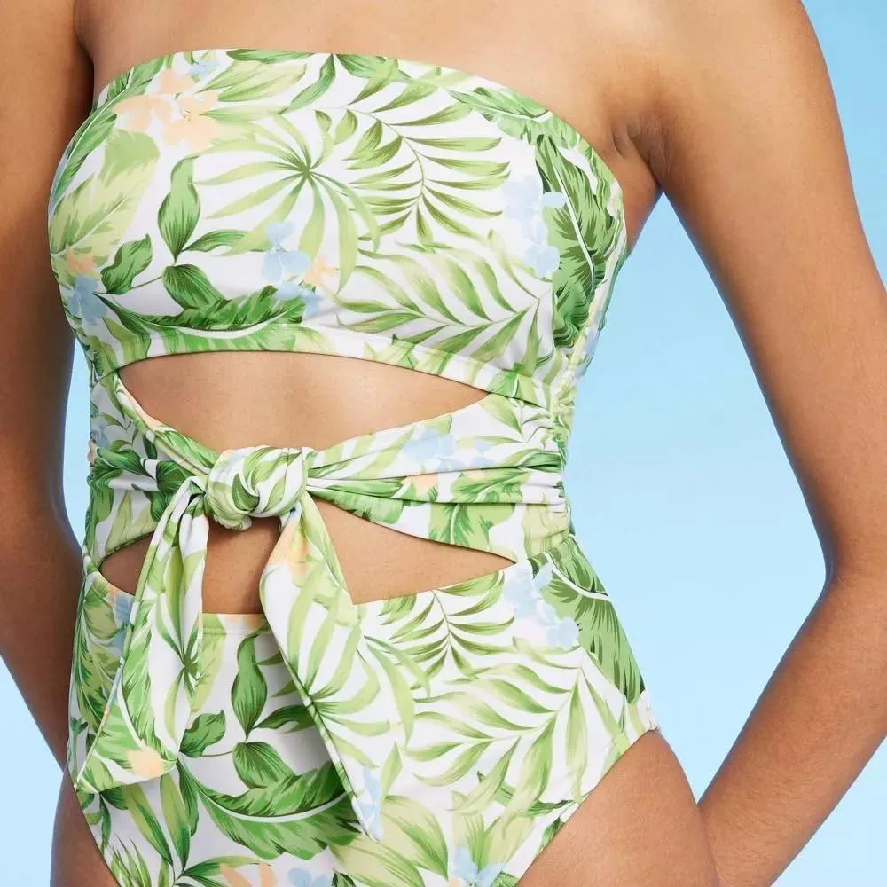 Shade & Shore Women's Bandeau Tie-Front Cut Out One Piece Swimsuit -
