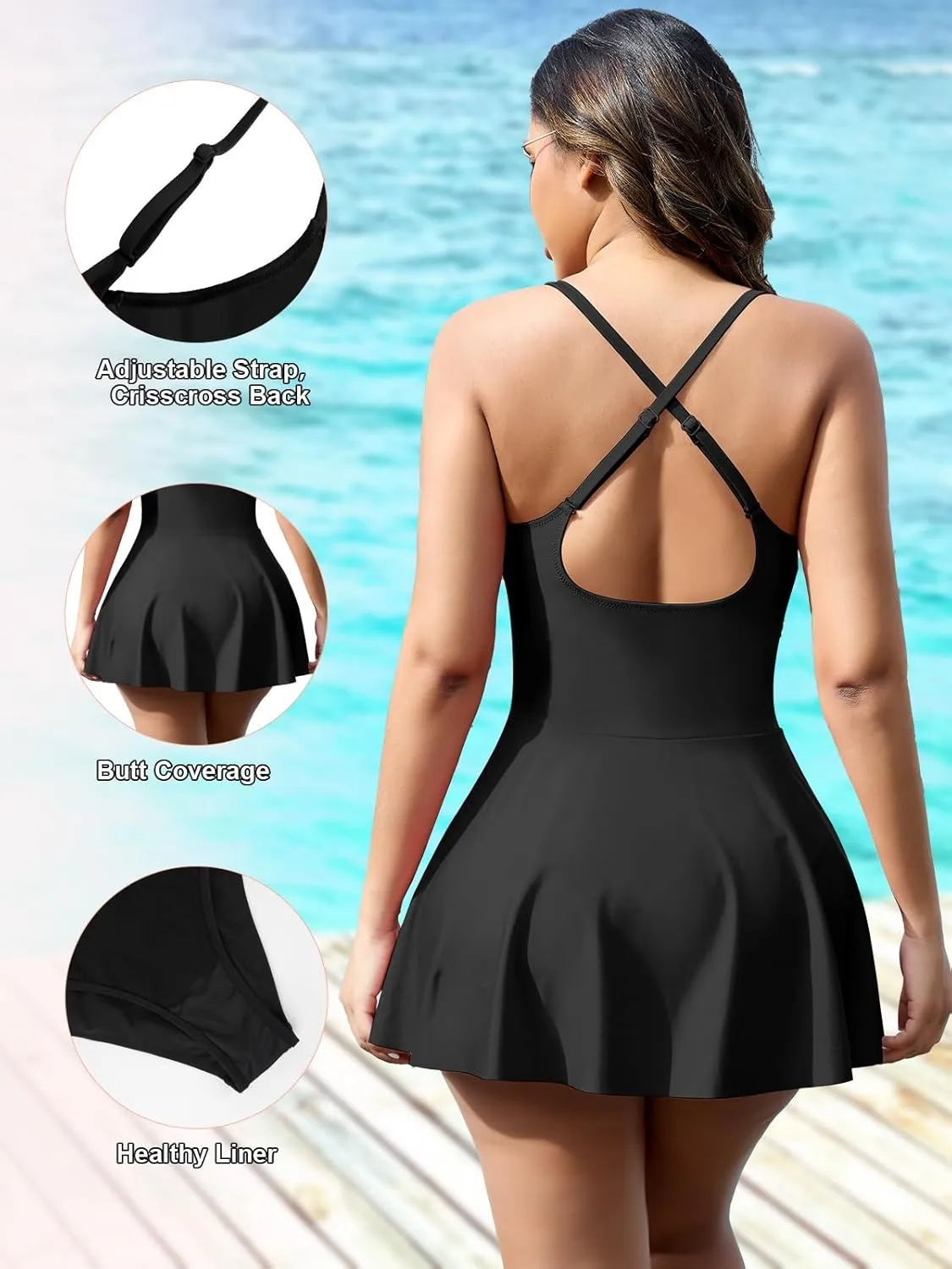 SHAPERIN Swim Dress for Women One Piece Skirted Swimsuit Tummy Control Bathing Suits Swimdress Sexy Swimwear