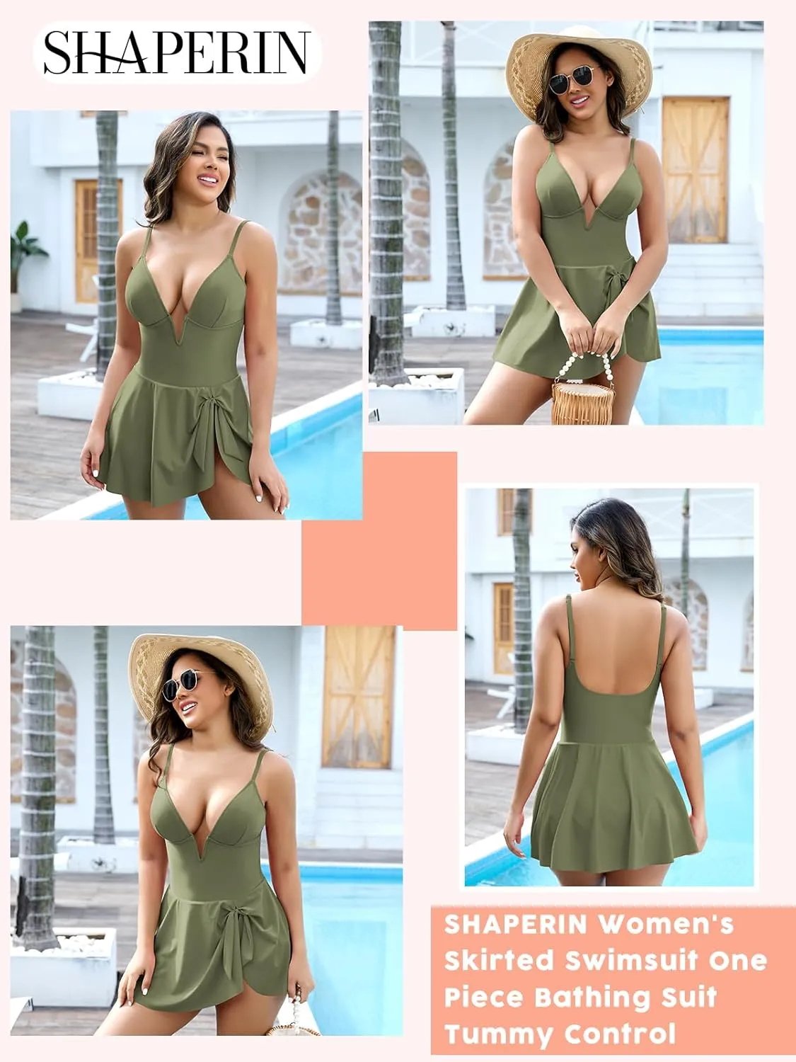 SHAPERIN Swim Dress for Women One Piece Skirted Swimsuit Tummy Control Bathing Suits Swimdress Sexy Swimwear