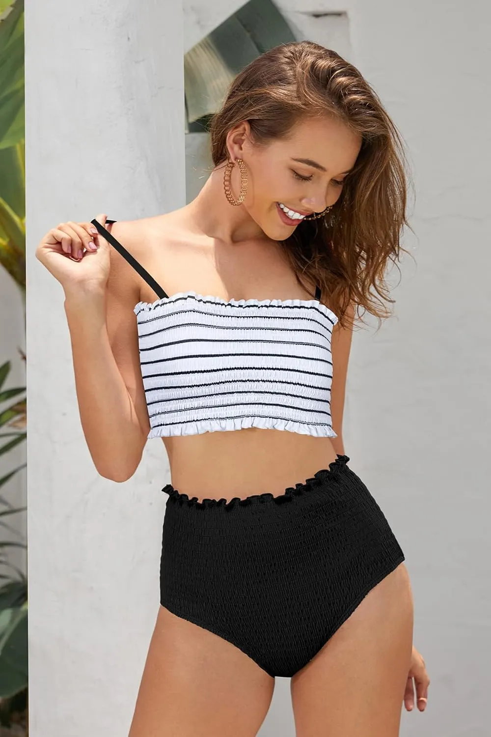 SHEKINI Women's Bikini Sets Shirred Bandeau Bikini Top High Waist Bathing Suit Removable Straps Two Piece Swimsuit