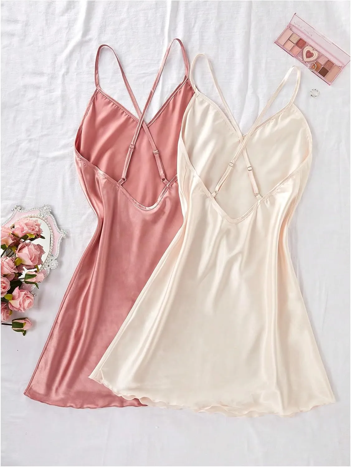 SHENHE Women's 2 Pack Satin Nightgown Chemise Babydoll Silky Slip Dress Backless Nightie