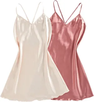SHENHE Women's 2 Pack Satin Nightgown Chemise Babydoll Silky Slip Dress Backless Nightie