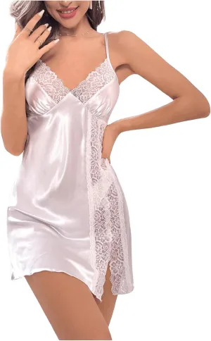 SHENHE Women's Satin Slip Dress Sleepwear Lace Trim Spaghetti Strap Slit Nightgown Chemise