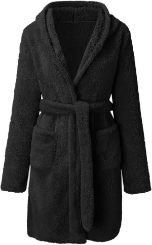 Short Hoodie Robe for Women Lightweight Plush Shower Robe Long Sleeve Soft Fuzzy Summer Bath Robe (color4-Black, XXXXXL)