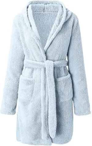 Short Hoodie Robe for Women Lightweight Plush Shower Robe Long Sleeve Soft Fuzzy Summer Bath Robe (color4-Blue, XXXXL)