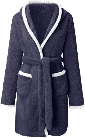 Short Hoodie Robe for Women Lightweight Plush Shower Robe Long Sleeve Soft Fuzzy Summer Bath Robe (color6-Navy, XXL)