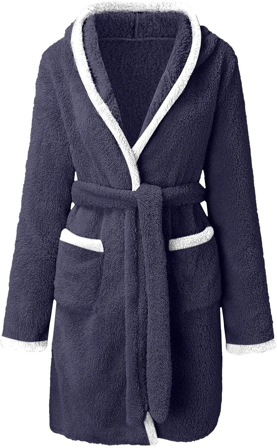Short Hoodie Robe for Women Lightweight Plush Shower Robe Long Sleeve Soft Fuzzy Summer Bath Robe (color6-Navy, XXL)