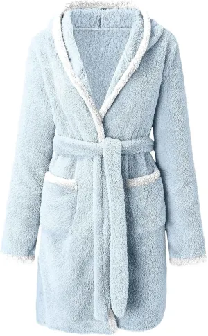 Short Hoodie Robe for Women Lightweight Plush Shower Robe Long Sleeve Soft Fuzzy Summer Bath Robe with (color6-Blue, XL)