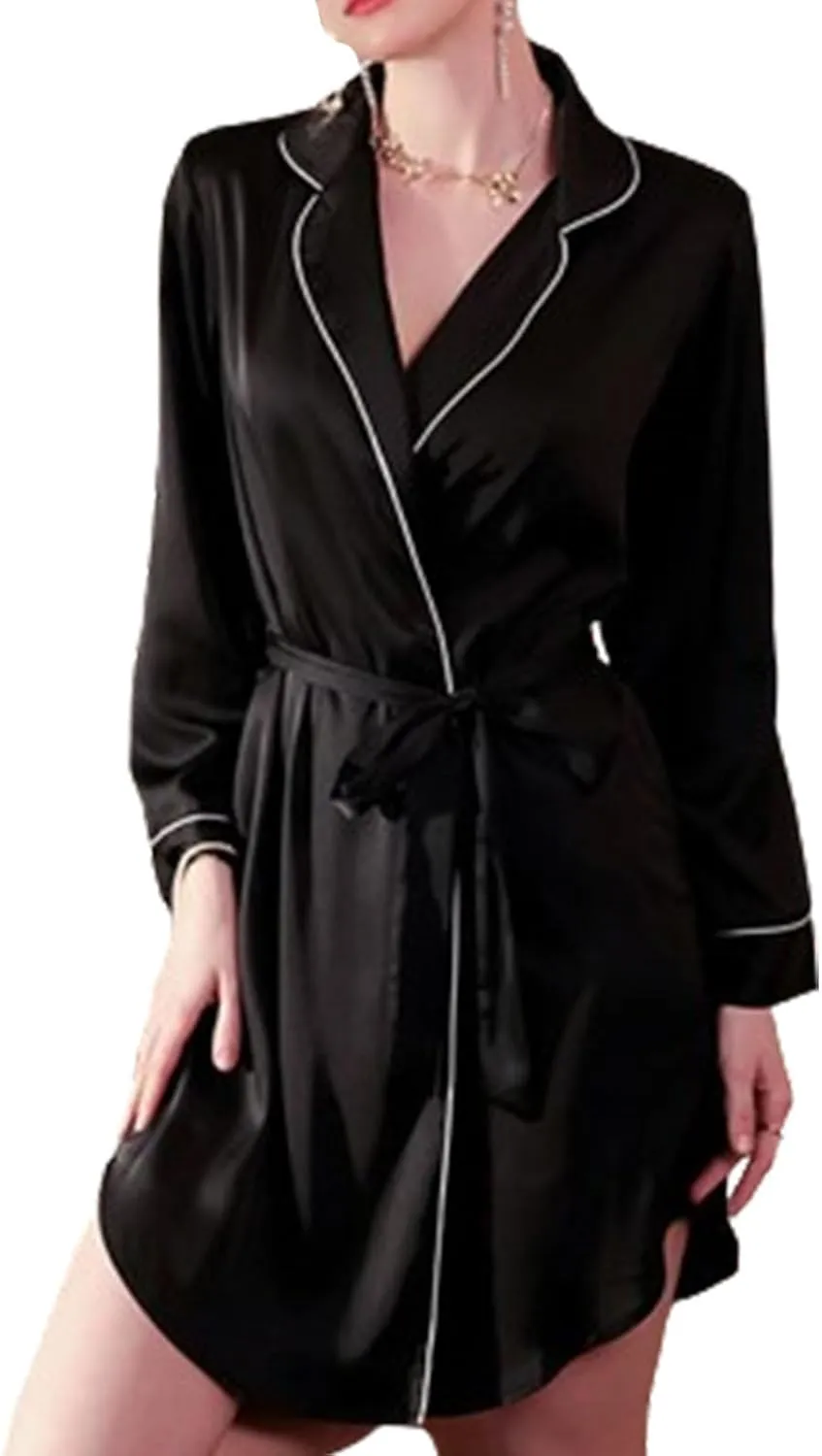 Short Kimono Robe Satin Sleepwear Solid Color Silky Kimono Nightgown Bathrobe Kimono Blouse Cardigan for Womens
