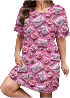 Short Sleeve Nightgown for Women Plus Size 3D Heart Print Valentines Day Sleep Dress Loose Casual Tshirts Nightdress