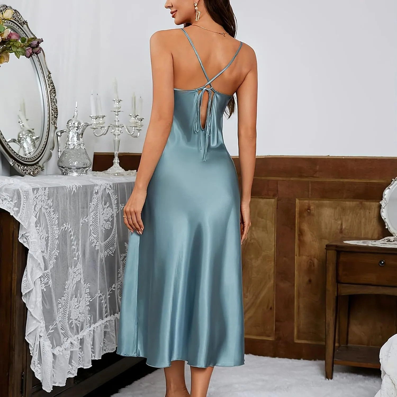 Silk Nightgown for Women Sexy Long Satin Slip Dress Nightdress Silky Chemise Nightie Soft V Neck Nightwear
