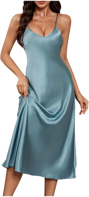 Silk Nightgown for Women Sexy Long Satin Slip Dress Nightdress Silky Chemise Nightie Soft V Neck Nightwear