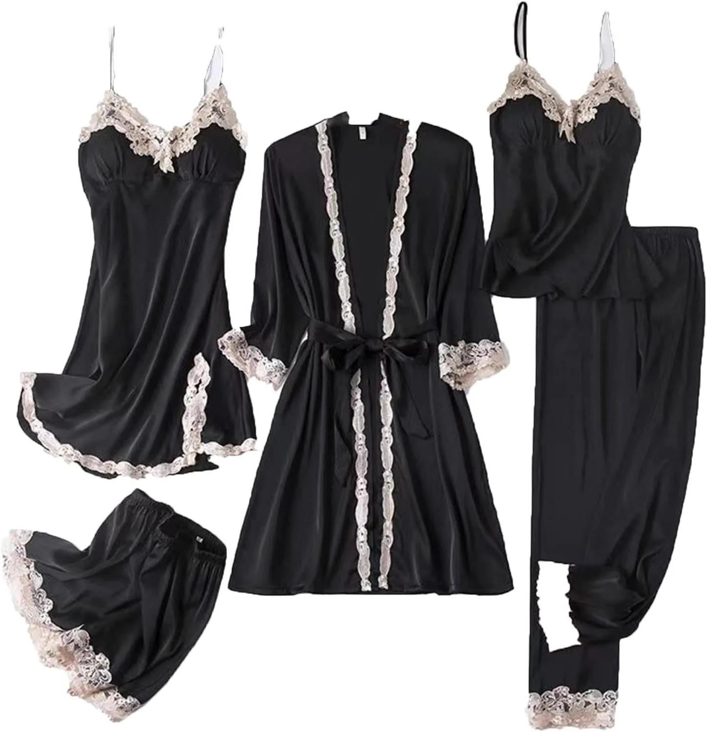 Silk Pajamas for Women 5PCS Lace Trim Robes Nightgowns Camisole Top Shorts with Pant Pjs Set Soft Cozy Cute Sleepwear