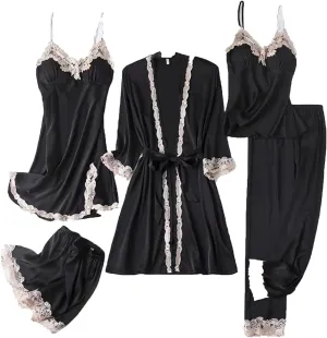 Silk Pajamas for Women 5PCS Lace Trim Robes Nightgowns Camisole Top Shorts with Pant Pjs Set Soft Cozy Cute Sleepwear