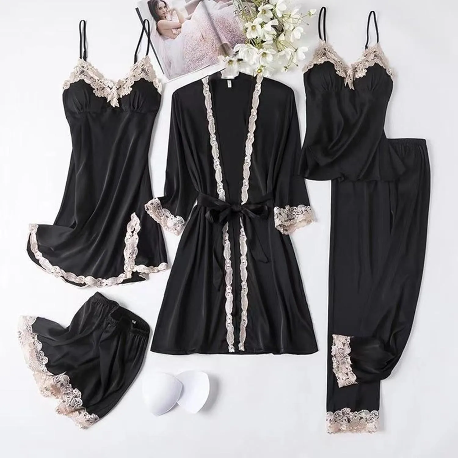 Silk Pajamas for Women 5PCS Lace Trim Robes Nightgowns Camisole Top Shorts with Pant Pjs Set Soft Cozy Cute Sleepwear
