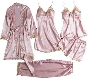 Silk Pajamas for Women 5PCS Lace Trim Robes Nightgowns Camisole Top Shorts with Pant Pjs Set Soft Cozy Cute Sleepwear