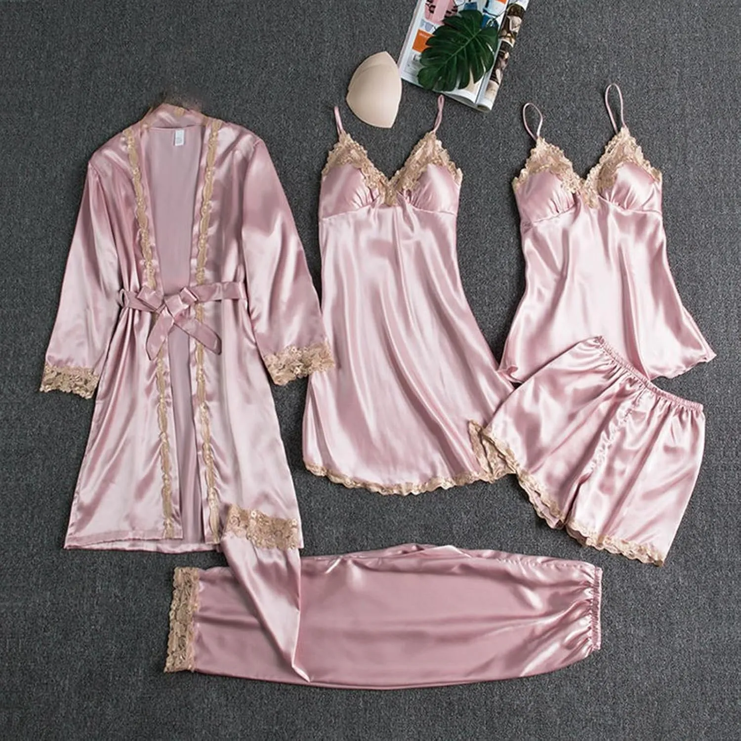 Silk Pajamas for Women 5PCS Lace Trim Robes Nightgowns Camisole Top Shorts with Pant Pjs Set Soft Cozy Cute Sleepwear