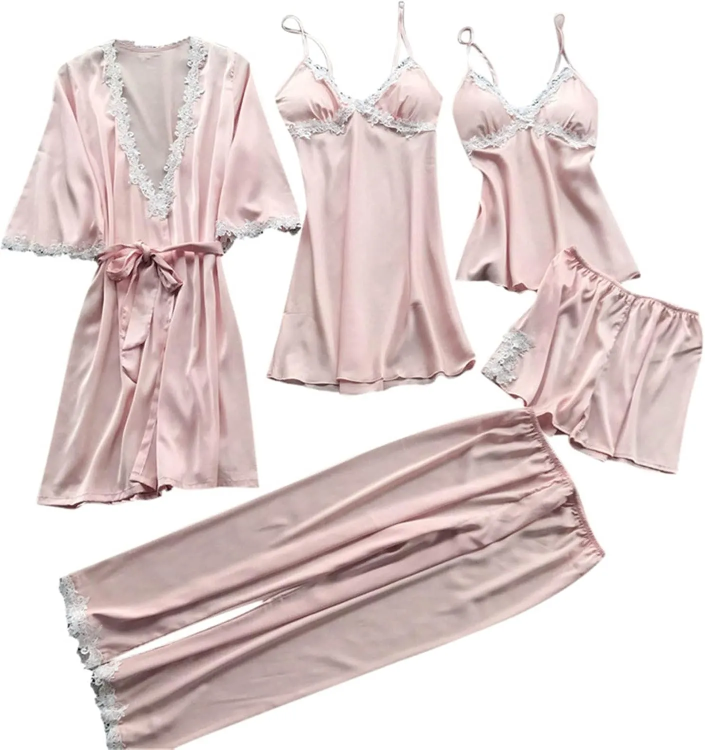 Silk Pajamas for Women Sexy 5pcs Summer Satin Sleepwear Set Lace Trim Robe Cami Shorts Pants Dress Soft Loungwear Set
