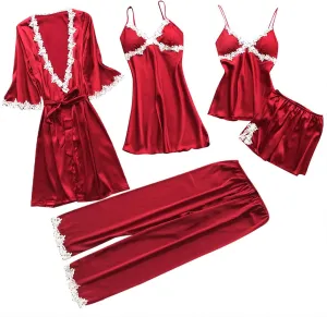 Silk Pajamas for Women Sexy 5pcs Summer Satin Sleepwear Set Lace Trim Robe Cami Shorts Pants Dress Soft Loungwear Set