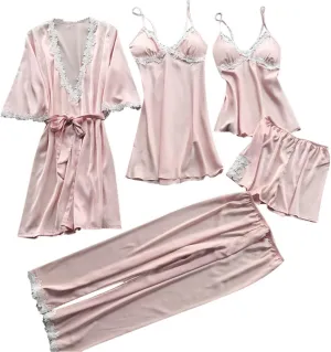 Silk Pajamas for Women Sexy 5pcs Summer Satin Sleepwear Set Lace Trim Robe Cami Shorts Pants Dress Soft Loungwear Set