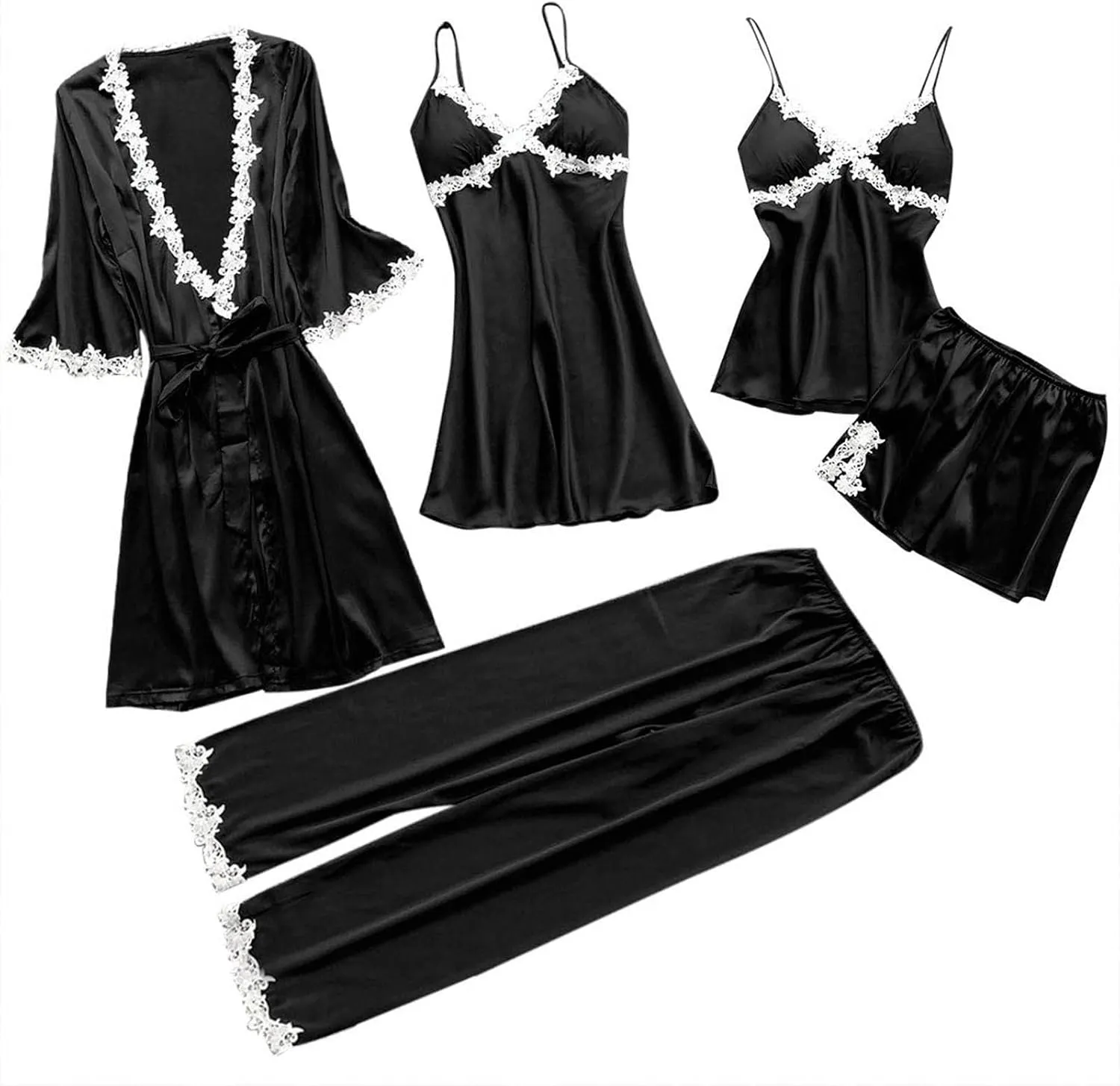 Silk Pajamas for Women Sexy 5pcs Summer Satin Sleepwear Set Lace Trim Robe Cami Shorts Pants Dress Soft Loungwear Set