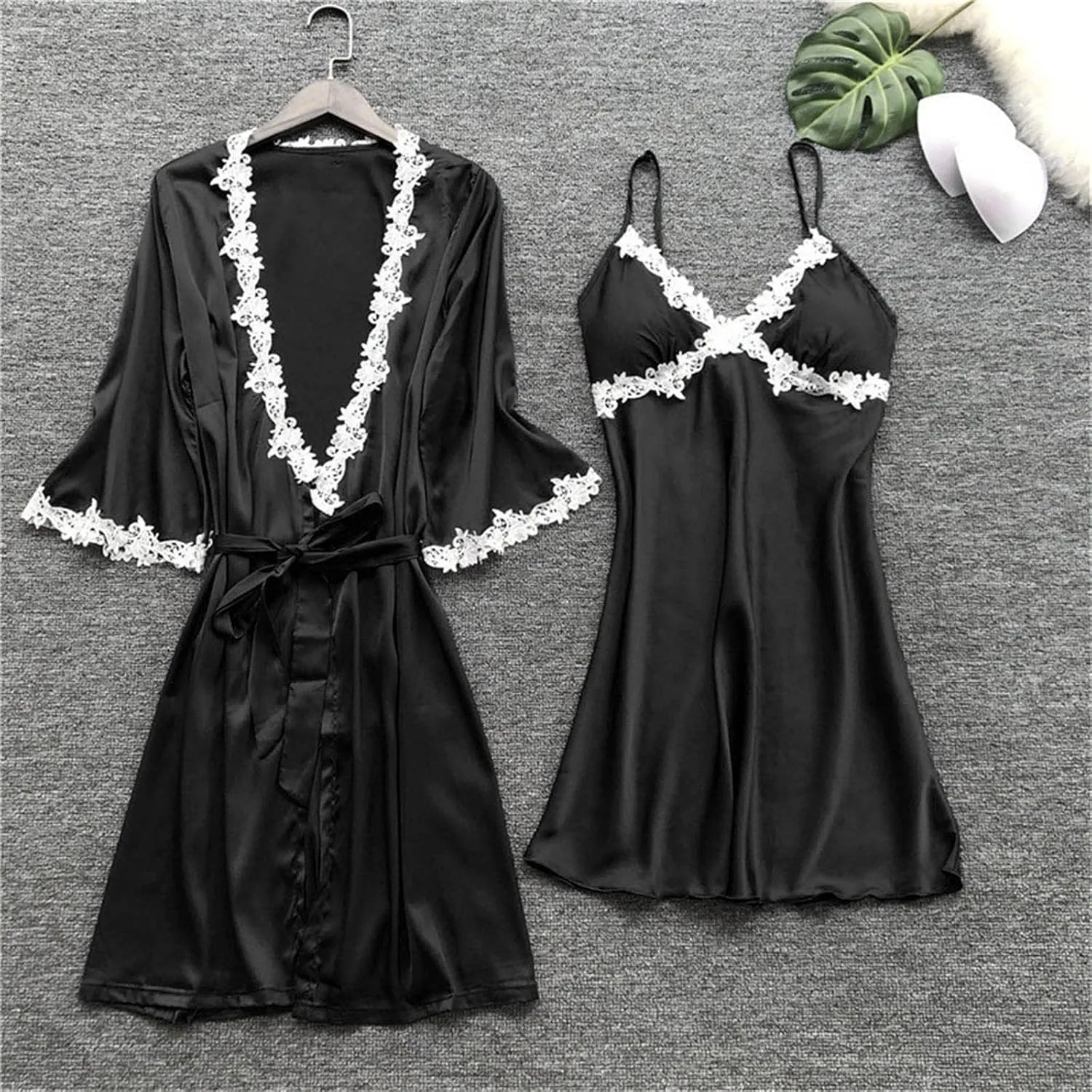 Silk Pajamas for Women Sexy 5pcs Summer Satin Sleepwear Set Lace Trim Robe Cami Shorts Pants Dress Soft Loungwear Set