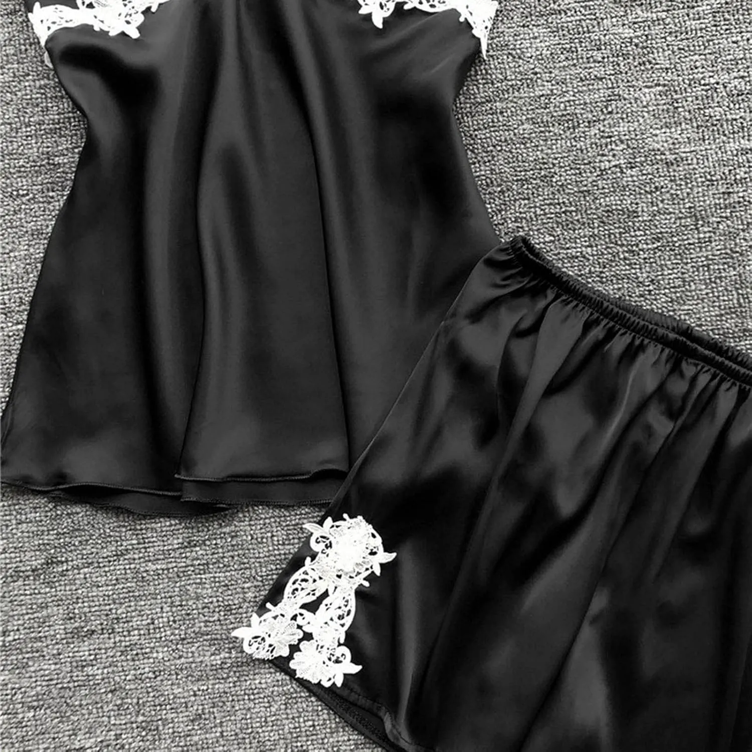 Silk Pajamas for Women Sexy 5pcs Summer Satin Sleepwear Set Lace Trim Robe Cami Shorts Pants Dress Soft Loungwear Set