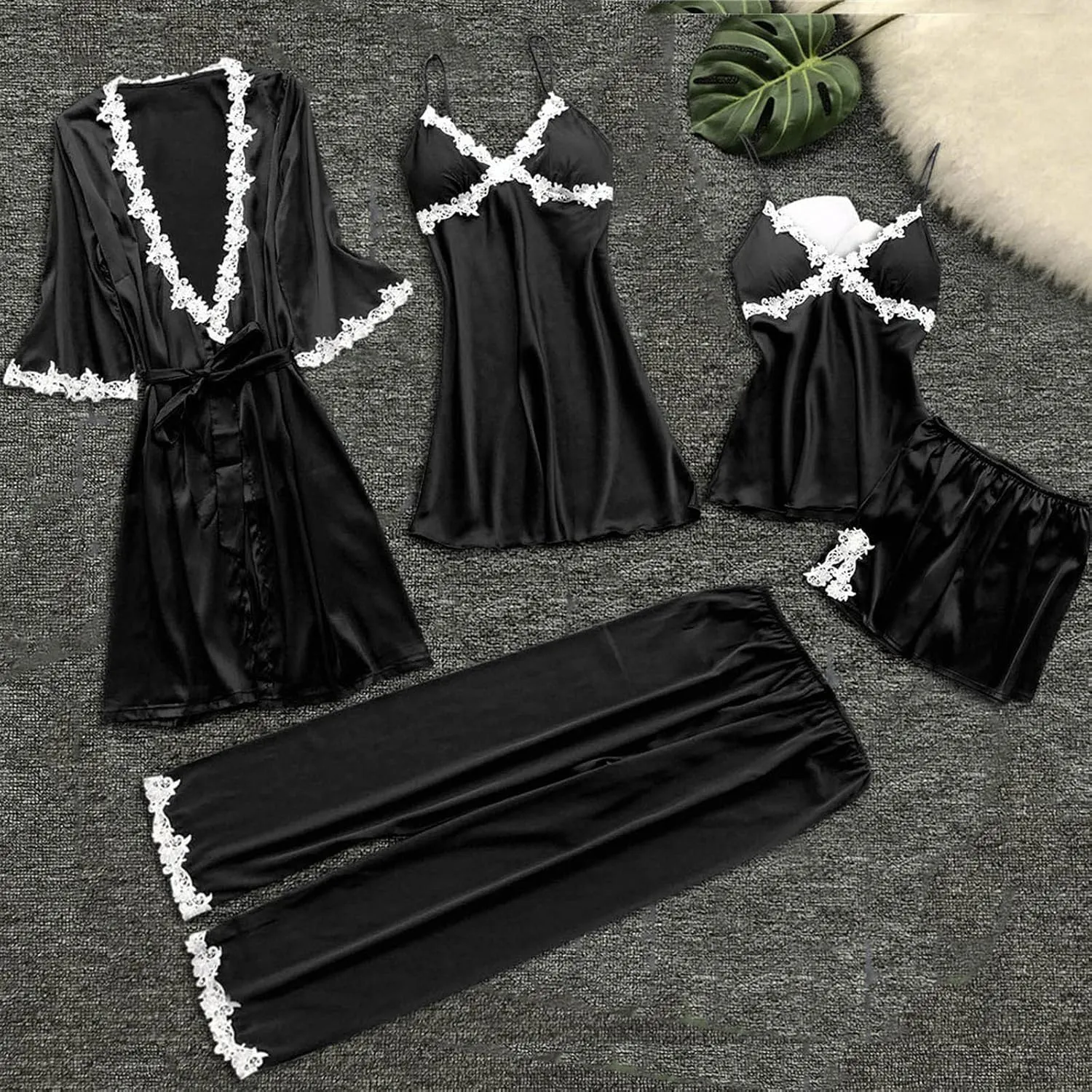 Silk Pajamas for Women Sexy 5pcs Summer Satin Sleepwear Set Lace Trim Robe Cami Shorts Pants Dress Soft Loungwear Set