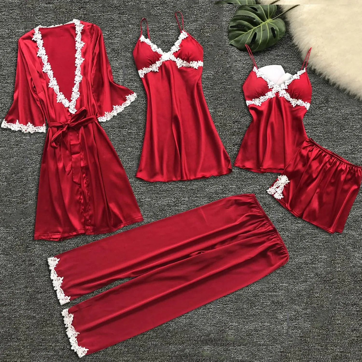 Silk Pajamas for Women Sexy 5pcs Summer Satin Sleepwear Set Lace Trim Robe Cami Shorts Pants Dress Soft Loungwear Set