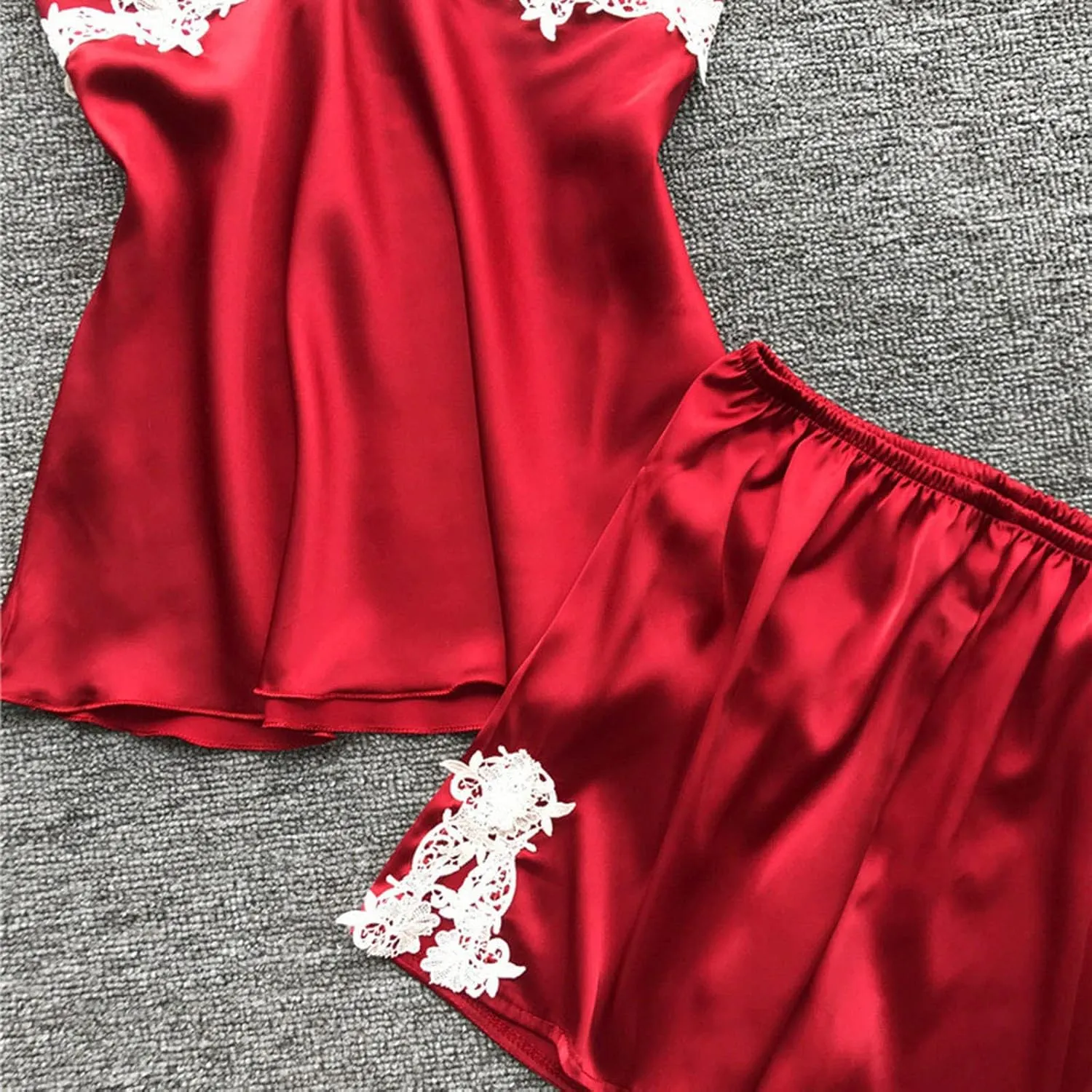 Silk Pajamas for Women Sexy 5pcs Summer Satin Sleepwear Set Lace Trim Robe Cami Shorts Pants Dress Soft Loungwear Set