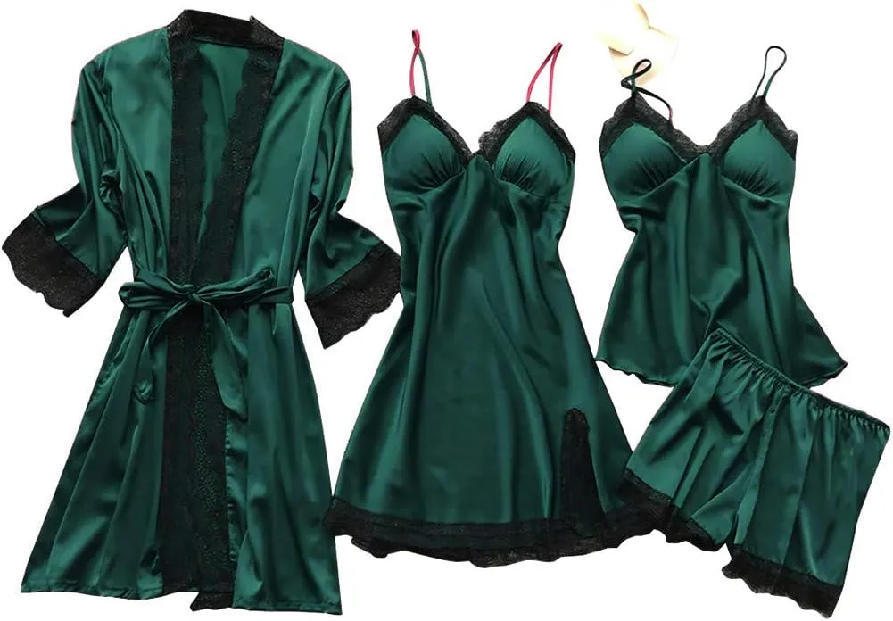 Silk Pajiamas for Women 4pcs Pajamas Sets Cami Top Shorts Nightgown Sleepwear Robe Sexy Cute Matching Lounge Pjs B1_army Green