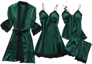 Silk Pajiamas for Women 4pcs Pajamas Sets Cami Top Shorts Nightgown Sleepwear Robe Sexy Cute Matching Lounge Pjs B1_army Green