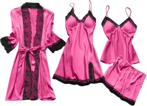 Silk Satin Pajama Set for Women Soft 4 Pcs Sleepwear Lace Trim Cami Top Shorts Sexy Lingerie Dress Pajamas with Robe