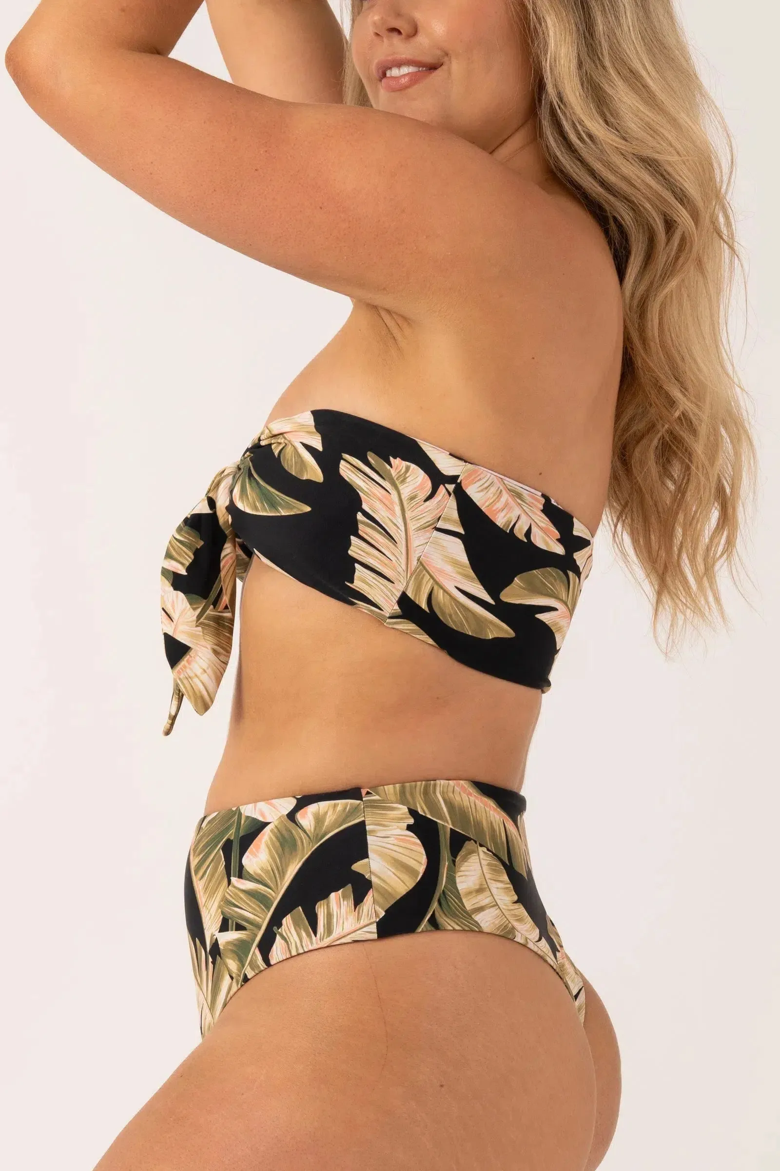 Silky Reversible High Waisted Cheeky Cut Bikini Bottom - Black Tropical Leaf