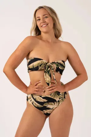Silky Reversible High Waisted Cheeky Cut Bikini Bottom - Black Tropical Leaf