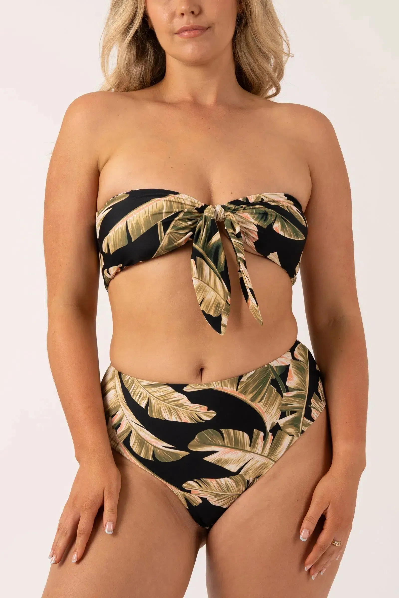 Silky Reversible High Waisted Cheeky Cut Bikini Bottom - Black Tropical Leaf