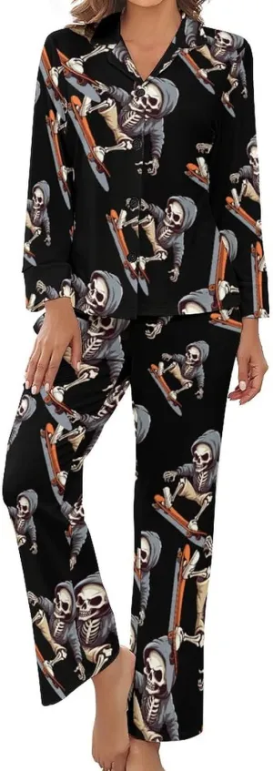 Skateboard Skull Women's Long Sleeve Pajama Set Soft Button Down Nightwear Loungewear Lounge Sets