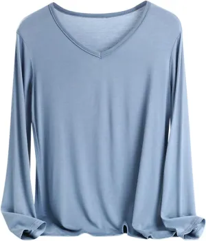 Sleep Shirts for Women Modal V Neck Solid Color Lounge Pajamas Top Soft Ladies Long Sleeve Pajama Shirt