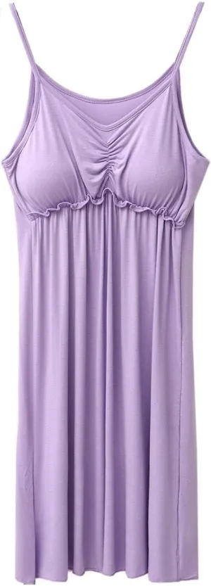 Slip Nightgowns for Women Spaghetti Strap Lounge Pajama Dress Soft Cotton Smocked Sleep Shirt with Built in Bra