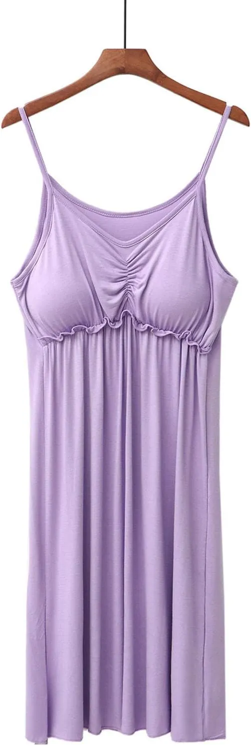Slip Nightgowns for Women Spaghetti Strap Lounge Pajama Dress Soft Cotton Smocked Sleep Shirt with Built in Bra