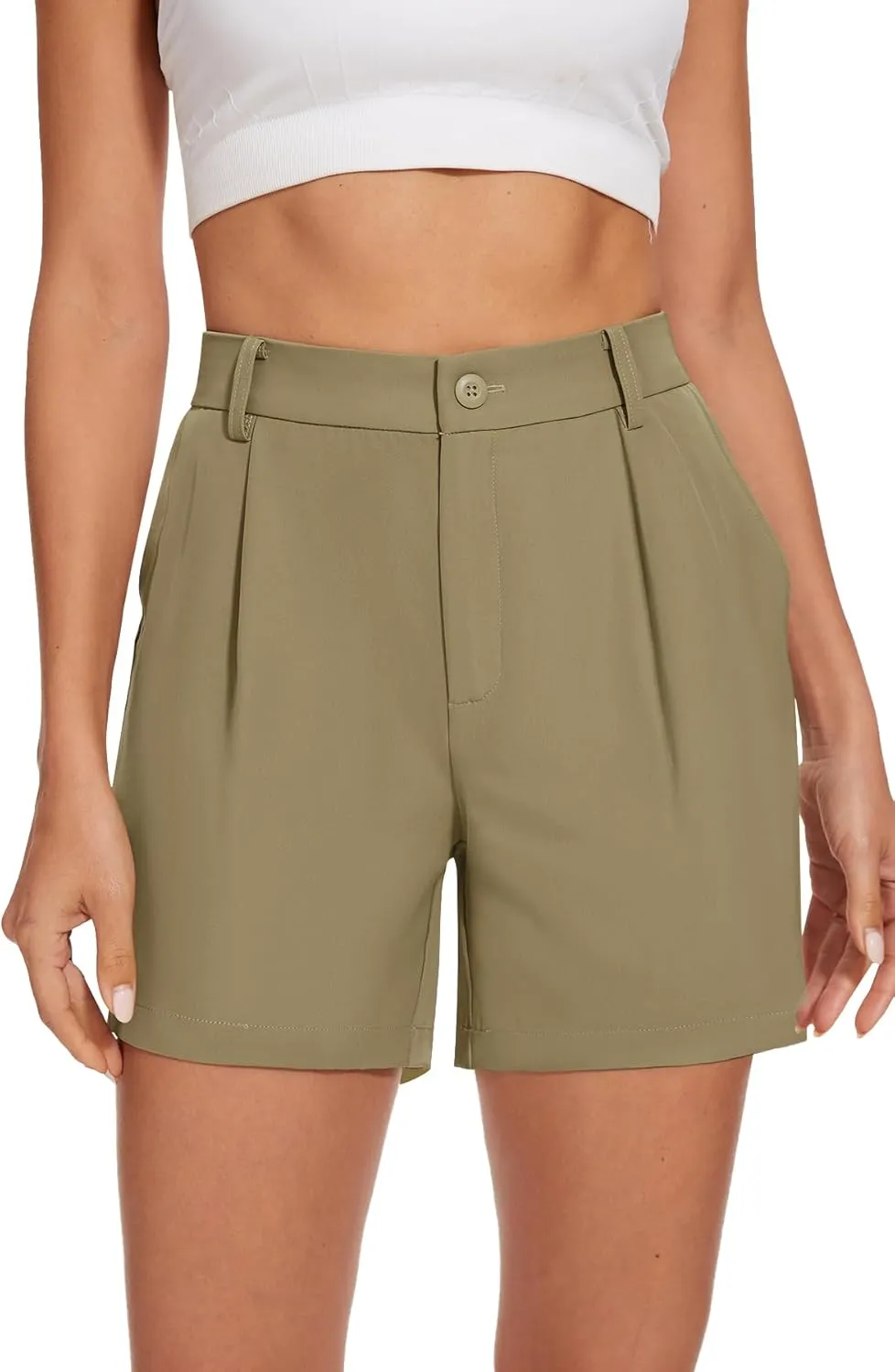 SMENG Women's Dressy Casual Shorts High Waisted 5inch Tailored Elastic Pleated Soft 2025 Trendy Summer Shorts Pockets